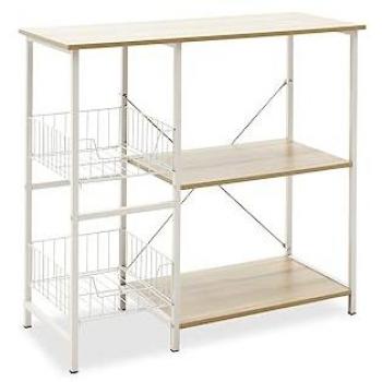 Estantería de Cocina para Microondas con 2 Cestas de Malla Metálica Blanca, 3 Estantes y Ganchos, 80x34x75cm Color Madera y Blanco