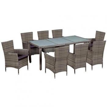 9-Piece Gray Poly Rattan Outdoor Dining Set with Cushions