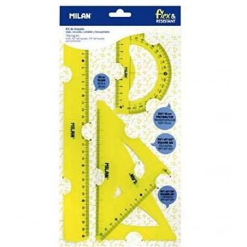 Milan Kit de trazado con regla 30cm, escuadra, cartabón y transportador, amarillo NUEVO