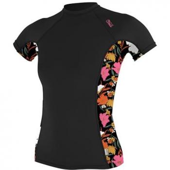 Camiseta O'Neill Wms Side Print S/S Rash Guard para mujer, color negro con estampado lateral en rosa y naranja, manga corta, talla L, elástica en 4 direcciones, con costuras planas