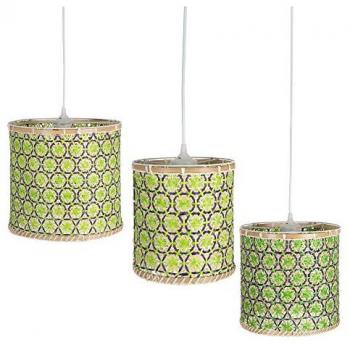 Set de 3 lámparas de techo con rejilla trenzada de bambú verde y natural, dimensiones 32 x 32 x 29 cm, color natural y verde, voltaje 220 V, potencia 40 W