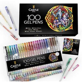 Castle Art Supplies 100 bolígrafos de gel con estuche, para niños y adultos. Libros para colorear, dibujo, scrapbooking, escritura. Kit de puntas finas con remolino, pastel, metálico, brillo y neón.