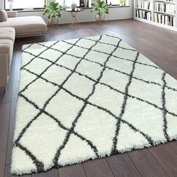 Alfombra Pelo Largo Mullida Moderna Shaggy Estilo Flokati Motivo Rombos Crema 80x150 cm