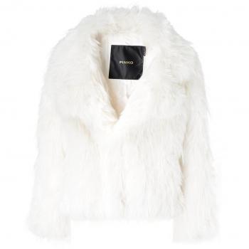 PINKO Novaro Caban Faux Fur Coat - White/Antique Gold - Size: 38 IT/2 US