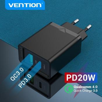 Cargador USB Rápido Vention Tipo C PD 38W, Carga Rápida para iPhone 13/11, QC 4.0/3.0, Cargador Portátil Negro