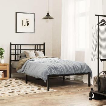 Cama con estructura de metal negro y cabecero, dimensiones 107x203 cm