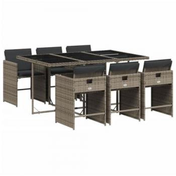 Set Comedor Jardín 7 Pzas y Cojines Ratán Sintético Gris