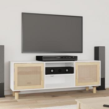 Mueble de TV blanco de pino macizo y ratán natural 105x30x40 cm