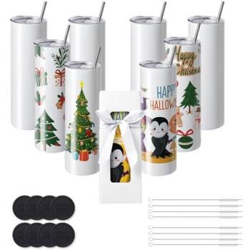 30 oz. Stainless Steel Double Wall Sublimation Tumblers - 8 Pack, Skinny Straight Blanks with Lid and Straw