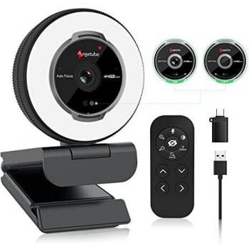 Angetube Streaming Webcam con Micrófono - Webcam USB 1080P 60FPS con Luz de Anillo y Control Remoto - Cámara Web HD con Zoom Digital 5X Cubierta de Privacidad incorporada