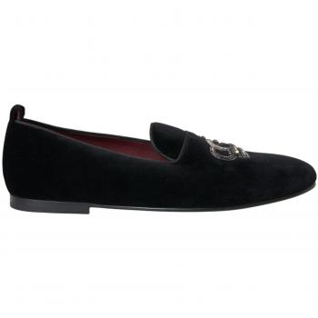 Dolce & Gabbana Black Velvet Crystal Crown Men Loafers Shoes - EU42/US9