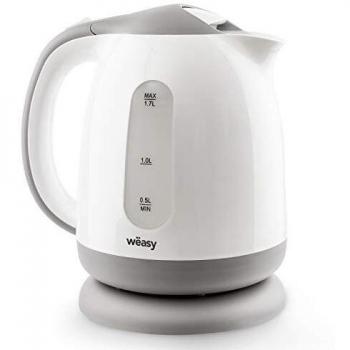 Wëasy 1 SW6 Hervidor Eléctrico Pequeño, 2200 W, Capacidad de 1.7 litros, Nivel de Agua Visible, Apagado Automático, Indicador Luminoso, Base Giratoria 360°, Libre de BPA, Plástico, Blanco