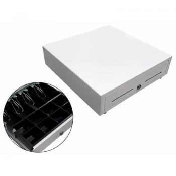 Cajón Portamonedas Eléctrico Metálico Blanco 410x415x110mm 8 Compartimentos para Monedas 4-5 Compartimentos para Billetes Ranura Frontal Cerradura con