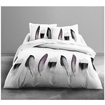 TODAY 015951 Enjoy Juego de Cama Dibujo Piuma con 2 Fundas de Almohada de algodón, algodón, Blanc/Noir/Violine, 260 x 240 cm
