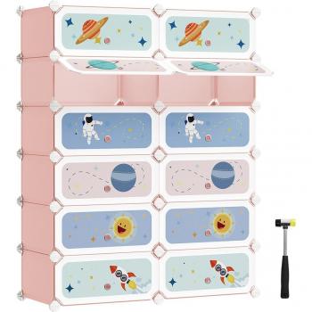 Estantería Modular Infantil de 12 Compartimentos con Puertas - Armario de Plástico para Ropa, Zapatos y Juguetes, 43x31x105 cm, Disponible en Azul, Blanco, Rosa