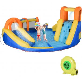 Outsunny Castillo Hinchable Grande con Tobogán para 3-8 Años con Canasta Piscina Inflador 435x435x200 cm Multicolor