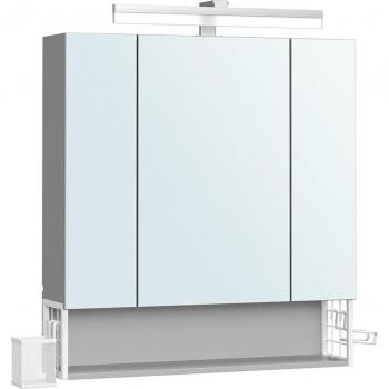Armario de baño multifuncional con espejo 3 puertas, mueble de pared integrado con enchufe, cesta colgante y soporte para secador, espacioso, blanco nube, gris paloma