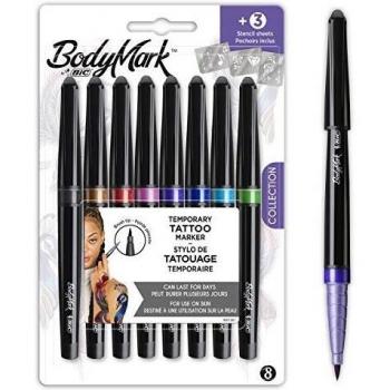 BIC BodyMark Temporary Tattoo Markers, Assorted Colors, 8-Count Pack with Stencils