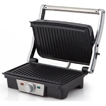 Grill Inox Orbegozo 1.500 W, placa con capa antiadherente, cocina sana sin aceites, termostato regulable, apertura 180º, dos superficies de asado: 2x 27,