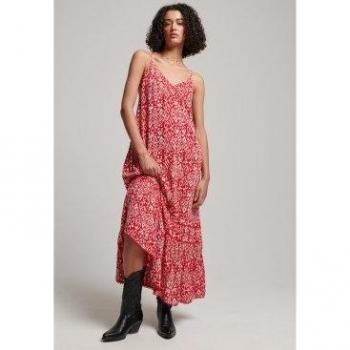 Superdry Women's Long Red Cami Dress, Casual Viscose, Sleeveless, Size S