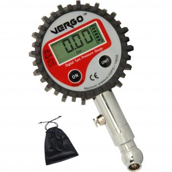 VERGO Medidor Digital de Presión para Neumáticos – Manometro Pantalla de 2 Pulgadas-LCD iluminada-Unidades de Medida Multiples - 0-200 PSI/ 0-14 Bar - Auto Coche Moto Camión-Pilas Baterias Incluidas