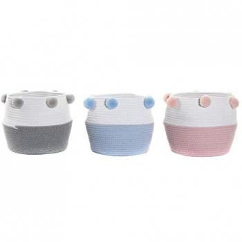 Cesta DKD Home Decor Gris Azul cielo Rosa claro Pompones 30 x 30 x 26 cm Madera (3 Unidades)