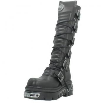 New Rock Knee High Black Leather Gothic Biker Boots - Model 272-S1, Size EU 40