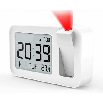 Reloj Despertador Digital Proyector de Techo con Termómetro Interior, Proyección a 180°, 4 Brillos Ajustables y Ajuste de Volumen