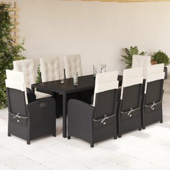 9-Piece Black Poly Rattan Garden Dining Set with Cushions