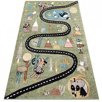 Alfombra Divertida Ruta Infantil con Calle y Animales Verde 280x370 cm