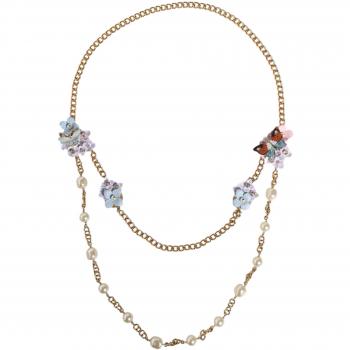 Floral Layered Crystal Pearl Necklace - Yellow Gold Chain for Women