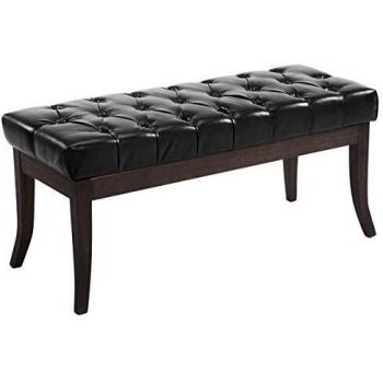 Banco con patas de madera y asiento en simil cuero negro, taburete recibidor Ramses en madera oscura negro 100 cm