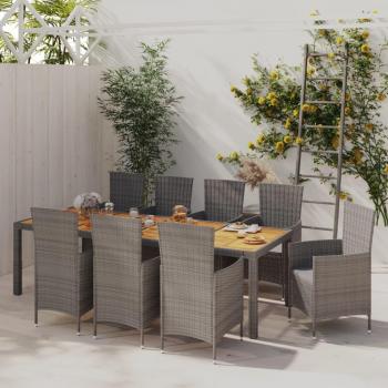Set de comedor de jardín 9 piezas con cojines grises de Polyrattan