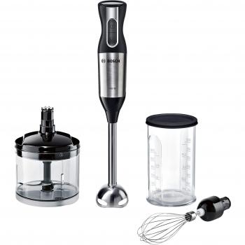Bosch MSM6S50B Ergomixx Style - Batidora de mano, 750 W, 12 velocidades y función Turbo, cúpula QuattroBlade antisalpicaduras con cuatro cuchillas, con vaso de mezclas, picador y varilla batidora, negro y acero