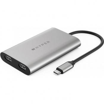 HyperDrive USB-C to Dual HDMI Adapter with Power Delivery (PD) 100W, Stainless Steel Housing