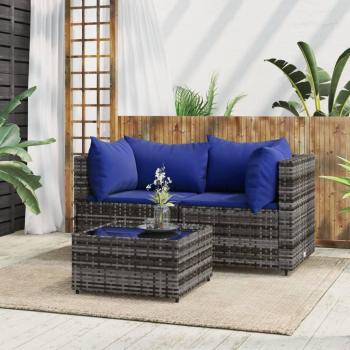 3-Piece Grey Poly Rattan Garden Lounge Set with Cushions