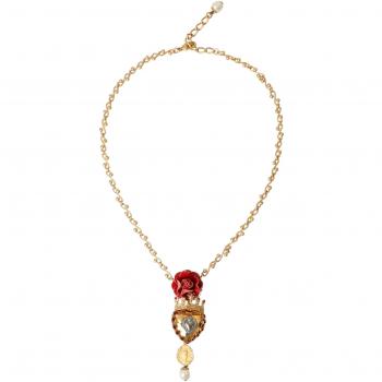 Gold Brass Chain Sacred Heart Rose Crystal Charm Necklace