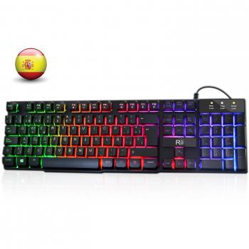 Rii RK100+ Novedoso Teclado USB Retroiluminado,Colores Rainbow y Panel metálico Resistente,Alta sensibilidad Ideal para Jugar, QWERTY con Layout Español Teclado espandido.