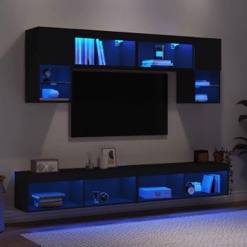 Mueble de TV de Pared 6 Piezas con Iluminación LED en Madera Negra
