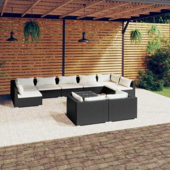 10-Piece Black Poly Rattan Garden Lounge Set with Cushions