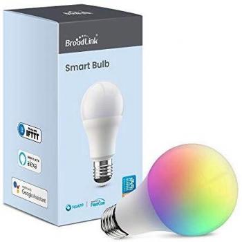 BroadLink - Bombilla inteligente, 10 W RGB regulable, 800 lm, LED Wi-Fi, cambio de color, E27 A60, funciona con Alexa, Google Home, Siri e IFTTT, no requiere Hub