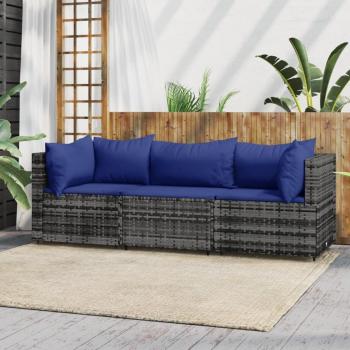 vidaXL 3-Piece Grey Poly Rattan Garden Lounge Set with Cushions