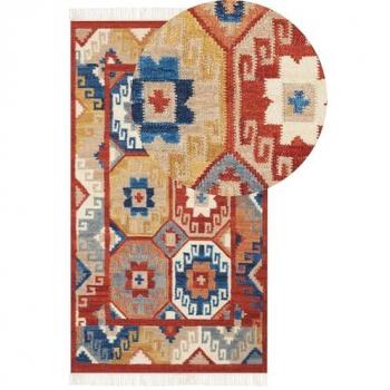 Alfombra Kilim de Lana Multicolor 80 x 150 cm Tejida a Mano con Diseño Oriental y Flecos
