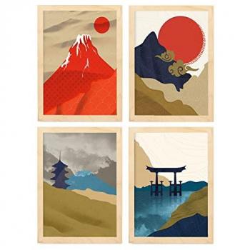 Set de 4 Pósters de Templos Japoneses - Láminas e Ilustraciones con Estética Oriental en A3 con Marco Color Madera