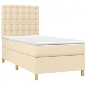 Cama box spring colchón y luces LED tela crema 80x200 cm