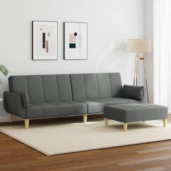 Sofá cama de 2 plazas con taburete en tela gris oscuro