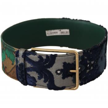Dolce & Gabbana Green Jacquard Embroidered Leather Belt with Gold Metal Buckle - 70 cm / 28 Inches