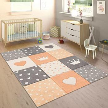 Alfombra Infantil Cuadros Puntos Corazones Estrellas Pastel Albaricoque Gris 160x230 cm