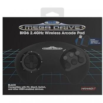 Mando Inalámbrico Retro-Bit BIG6 de 2.4 GHz Compatible con SEGA Mega Drive, Switch, PC y Mac - Color Negro Transparente