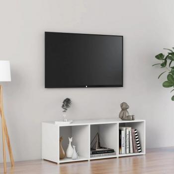 Mueble para TV de madera contrachapada y aglomerado blanco brillante 107x35x37 cm, Mueble de salón, Mueble televisor, Mesa de TV